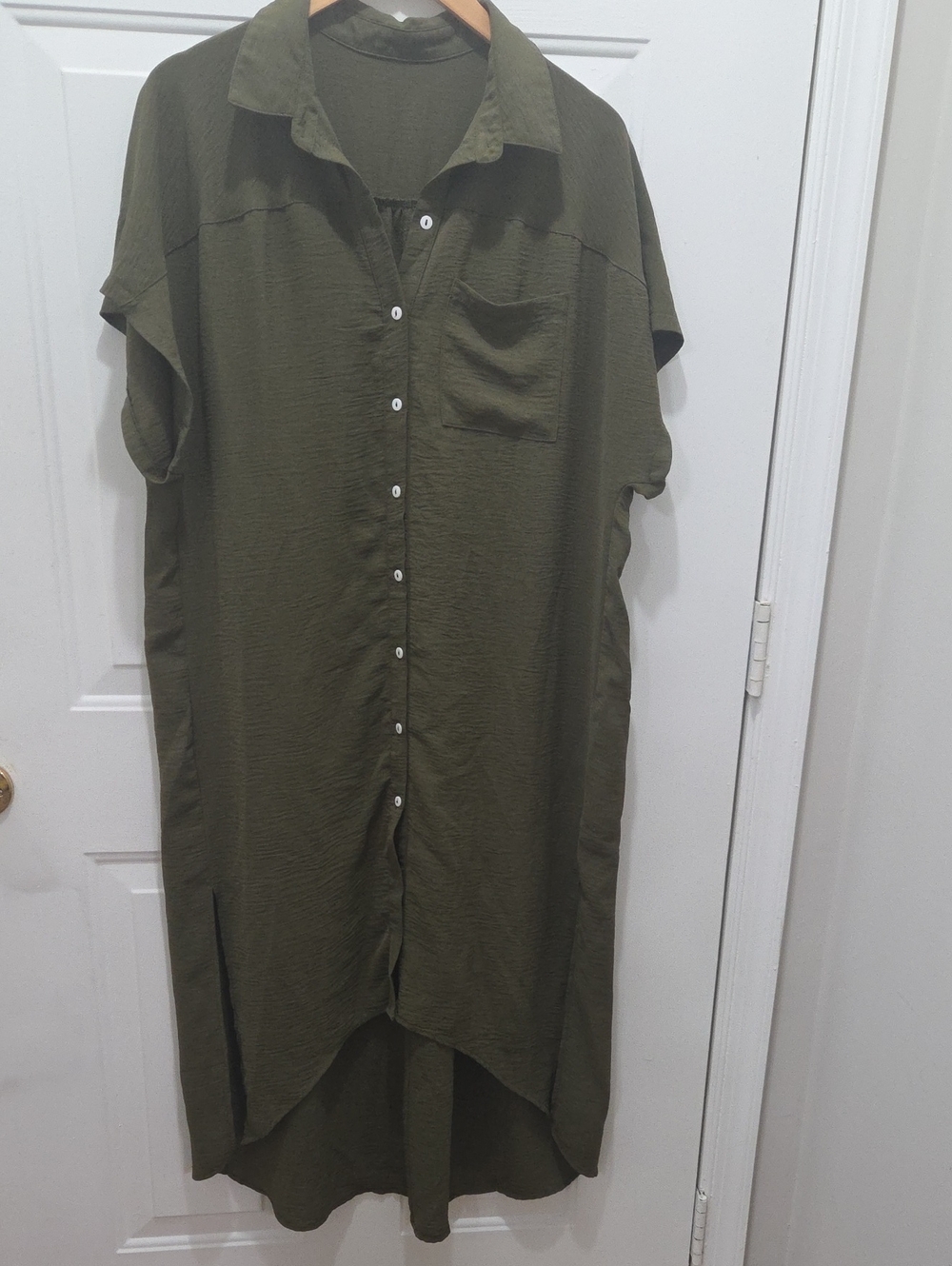 Oversized Olive Green Short-Sleeve Button-Down Shirt Dress S